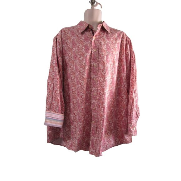 Synergy Raspberry Peach Paisley Button Up Shirt 3XL Liberty Cuffs EUC - Picture 11 of 16